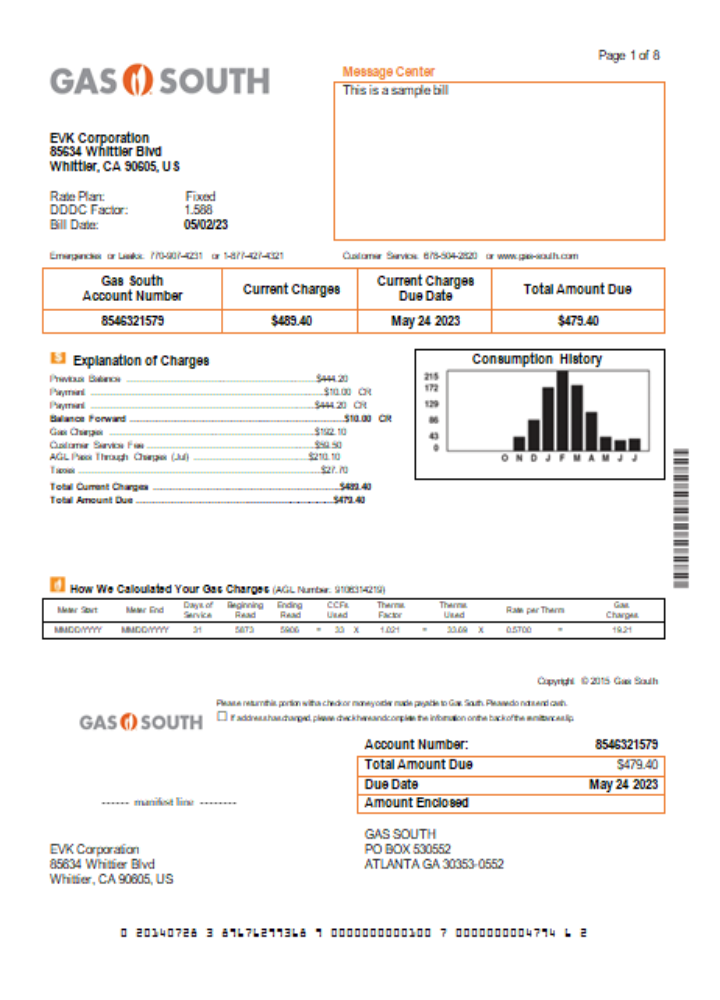 Download Gas South utility business bill,  SCR Photoshop template